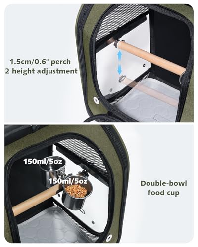 pecute Rucksack für Vögel mit Holzstab, Atmungsaktiv Träger Vogel Transporttasche, Robuste Papageien Reiserucksack mit Edelstahl-Futternapf, Leichte Transportbox Vogel, 32 x 26 x 42cm, Olivgrün