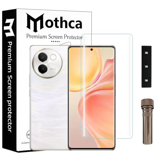 Image of Mothca Curved UV Tempered Glass Screen Protector for Vivo V30 E | Transparent | Pack of 1 | Full Screen Coverage with UV Installation Kit