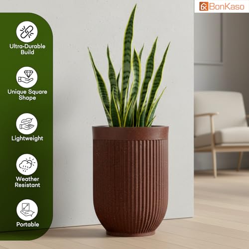 Image of Bonkaso 24 Inch Burj Khalifa Ribbed Planter for Indoor & Outdoor Use | Round Heavy Duty Polymer Flower Pot | Lightweight Weather Resistant Modern Gamla for Living Room Balcony & Terrace (Brown)