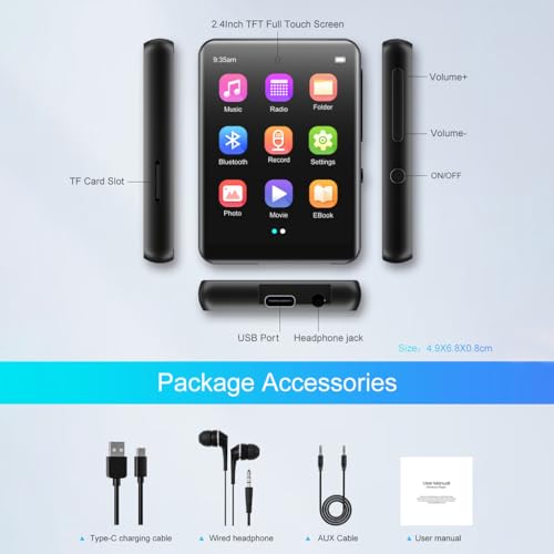 Image of AUDIOCULAR M31 32GB Portable Mp3 Music Player with Bluetooth, 2.4 inch LCD Touch Screen, Video Playback, Built-in Speaker, Voice Recording Function Mini HiFi Lossless Digital Audio Player (32GB - Black)