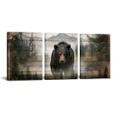 HOMEOART Black Bear Picture Rustic Cabin Decor Mountain Landscape Canvas Wall Art for Farmhouse Bathroom Bedroom Living Room 12x16inchx3Pieces