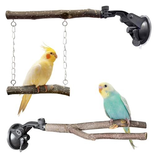 BNOSDM 2 Pcs Bird Perch Stand Parrot Wood Perch with Strong Suction Cup Movable Perches Stand Bird Training Set for Window Shower Bathroom Ceramic Tiles for Parrots Parakeets Budgies Lovebirds