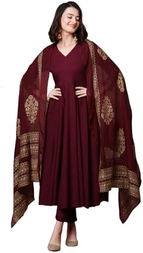 GoSriKi Women's Rayon Blend Anarkali Kurta with Trousers and Dupatta