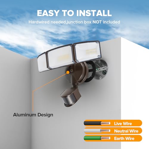 LUTEC 72W 7500LM LED Security Lights Motion Sensor Light Outdoor, 5000K Daylight, IP65 Waterproof, Dusk to Dawn, 3-Head Motion Detected Flood Light for Garage, Yard, Porch(Brown) by LUTEC - Image 9