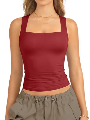 ATHMILE Tank Tops for Women Square Neck Sleeveless Double-Layer Tank Tops Basic Tight T Shirts Red