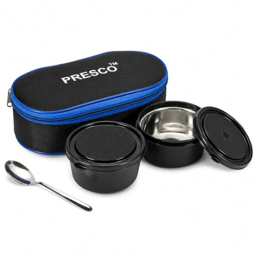 Image of PRESCO Insulated Lunch Box Set (2 Microwave Safe Inner Steel Containers, 450ml*2; with Steel Spoon) with Insulated Fabric Bag, Lunch Box for Office Use, Leak Proof, Tiffin Box for Men (Black)