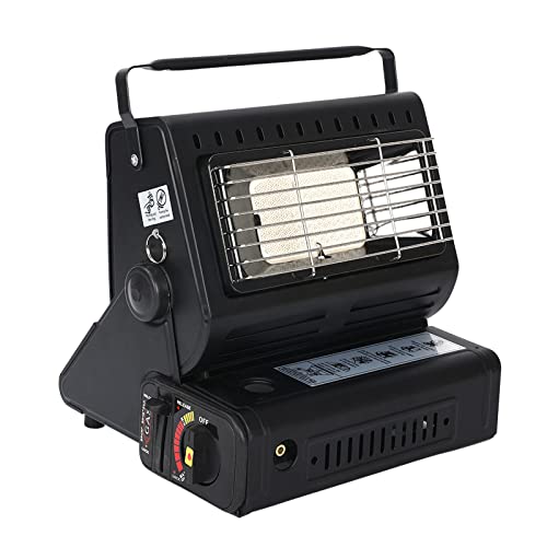 Calentador de gas portátil de 1,3 kW, calentador de gas butano para camping con conector externo, potencia de fuego ajustable, calentador de interior y exterior (negro)