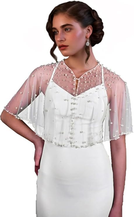 zarinivas Women's Pearl Net Cape Shrug | Bridal & Evening Dresses Transparent Cape Jacket-picture-54