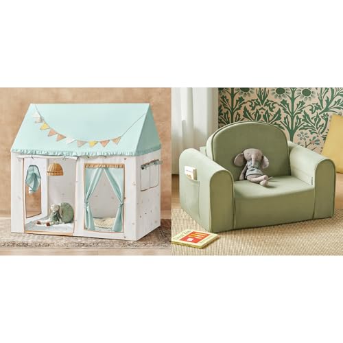 Tiny Land Kids Tent with Printed Mat，2-in-1 Foldable Kids Couch with Pockets