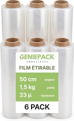 Lot de 6 Rouleaux de Film Étirable Transparent pour Palette – Qualité Industrielle – 500 mm x 23 Microns – 1,5kg par rouleau – Film de Palettisation...