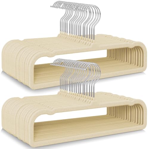 50 Pack Velvet Hangers Non Slip, Felt Pants Hangers Thin Space Saving Clothes Hanger Flocked Strong Durable Ganchos para Colgar Ropa with 360°Swivel Hook for Pants Jeans Shorts Tank Top, Cream White