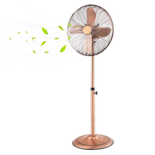 COSTWAY Metal Pedestal Fan, 16-inch Quiet High Velocity 75° Oscillating Standing Fan with Height Adjustable, 3 Wind Speed, 4 Blades, Widespread Floor Fan for Bedroom Home Office Shop, Copper