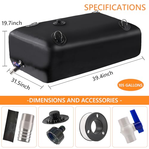 Image of Rodelna Portable Water Tank, 105 Gallon Foldable PVC Rectangular Black Water Storage Bladder with 3 /4 inch Spigot and Hose Kit for Camping, Garden, Emergency Use