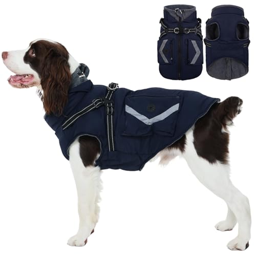 FUAMEY Dog Coat Zipper on Back, Fleece Lined Dogs Jacket for Winter with Harness Built-in, Insulated Clothes Large Doggy Cold Weather Outfits with Pop Bag Pockets, Jack Russell (Dark Blue, L)