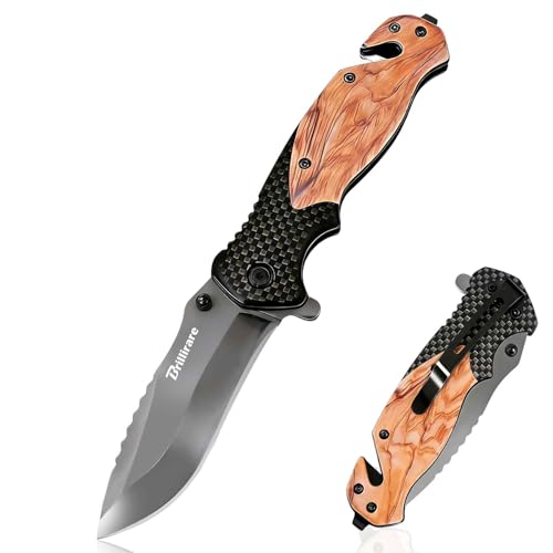 BRILLIRARE Pocket Knife Folding Wood Knives Blade 3.3in Foldable Survival Small Knife Rope Cutter & Pocket Clip & Glass Breaker for Everyday Carry EDC Hunting Camping