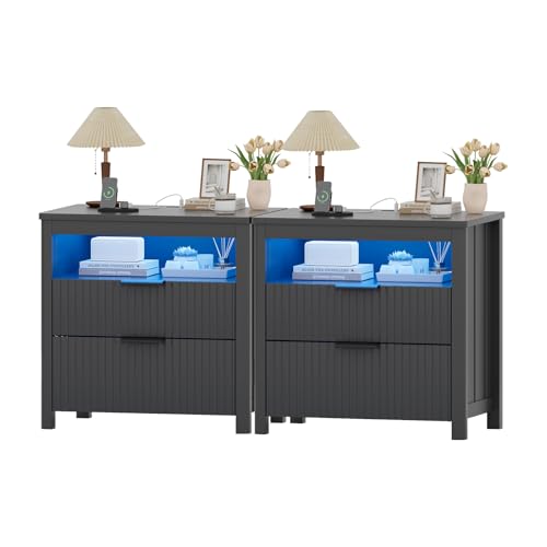 HNEBC Night Stand with Gun Drawers, Farmhouse Nightstand with Charging Station, Secret Bedside tabel with 3 Color Auto Light, Smart End Table with Hidden Storage for Bedroom Furniture-White