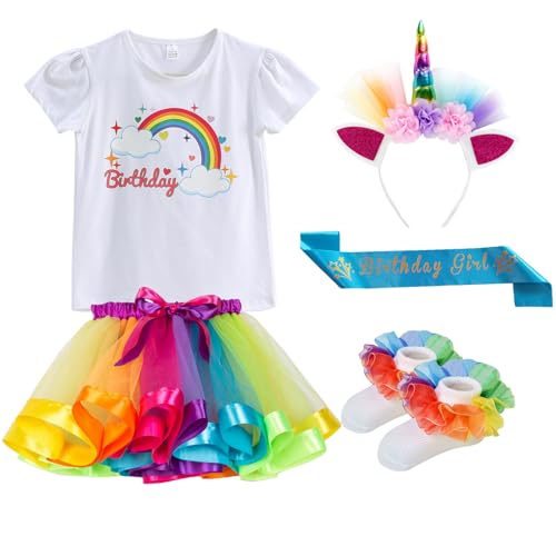Image of Rainbow Birthday Outfits for Girls-T-shirt,Tutu Skirt Dress,Ruffle Socks,Headband,Unicorn Gifts for Girls