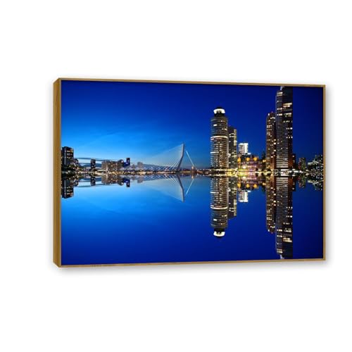 Peinture sur Toile Ville de Nuit pour Habiller un Mur Vide avec Cadre Teck Élégant 85x60cm