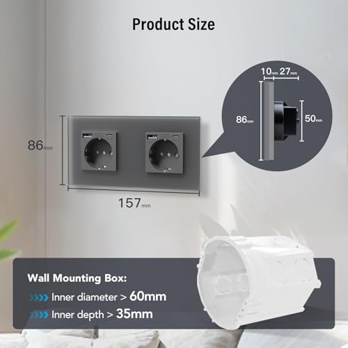 BSEED Steckdose aus Glas mit 20W USB C, Schnellladeger&auml;t Wandsteckdose, 3 in 1 Unterputz Steckdosen, Einfache Installation, 240V 16A, 157mm 2 Fach Grau, 4 Pack