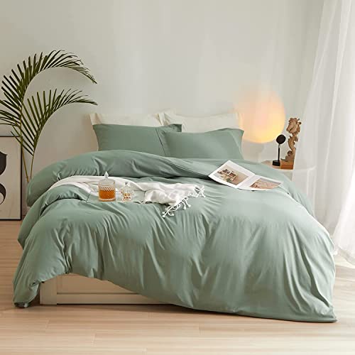 Housse de couette avec fermeture éclair en microfibre douce délavée vert clair lit double