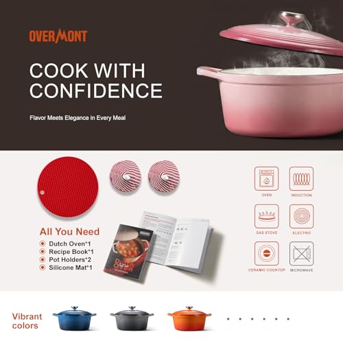Image of Overmont Enameled Cast Iron Dutch Oven - 5.5QT Pot with Wide Handles Lid Cookbook & Cotton Potholders - Heavy-Duty Pre-Seasoned Cookware Oven Safe to 500F for Braising, Stews, Roasting, Sourdough Baking