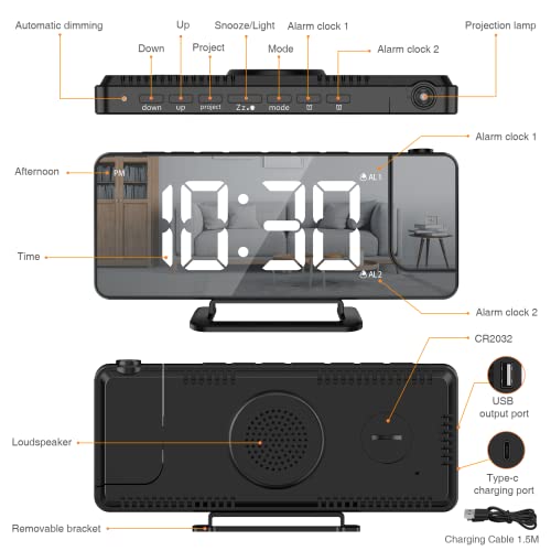 Projection Alarm Clock, Digital Clock With 180° Rotatable Projector, 6-Level Brightness Alarm Clock For Bedroom With 2 Alarms, Snooze, Alarm Clock With Projection On Ceiling, Usb Charger Ports, 12/24H #TOP6