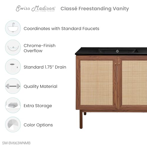 Image of Swiss Madison Classe 36 in. Brown Oak Bathroom Vanity with Black Ceramic Sink Top