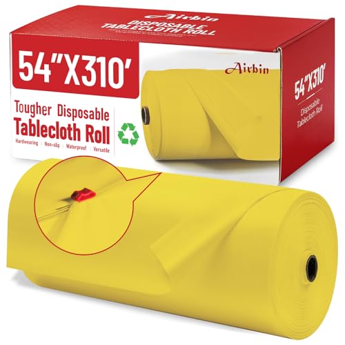 Image of Plastic Table Cloth, 310 Ft X 54 In Plastic Table Cloth Disposable Yellow Table Cloths with Any Cut Sliding Cutters Premium PEVA Disposable Tablecloth for Picnics, Parties, Birthdays, Festivals