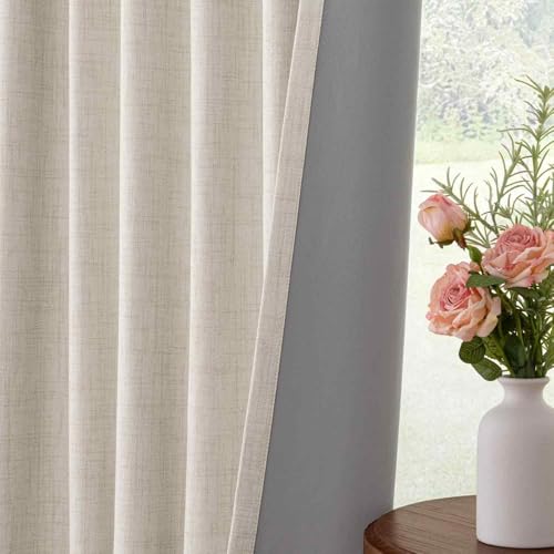 INOVADAY 100% Blackout Curtains 105 Inches Length 2 Panels Set, Back Tab/Rod Pocket Linen Black Out Curtains for Bedroom, Thermal Insulated Window Drapes - Cream, W50 X L105