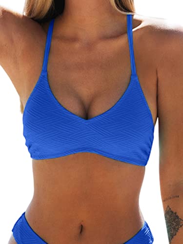 Image of CUPSHE Womens V Neck Textured Bikini Top Crssback Swimsuit | Self Tie,Soft Removable Cups,Spaghetti Straps,Flattering Bathing Suit For Vacation And Beach