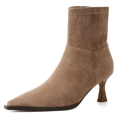 Atsroel Womens Brown Suede Fall Boots with Side Zip, Ankle,