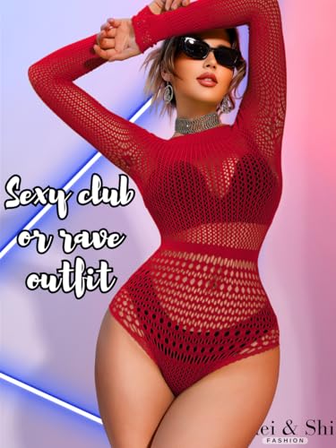 Image of Kaei&Shi Sexy Hollow Rave Outfits, Fishnet Bodysuit Fits US Women Sizes 0-18, Sheer Lace Glow Party Tops Festival Mesh