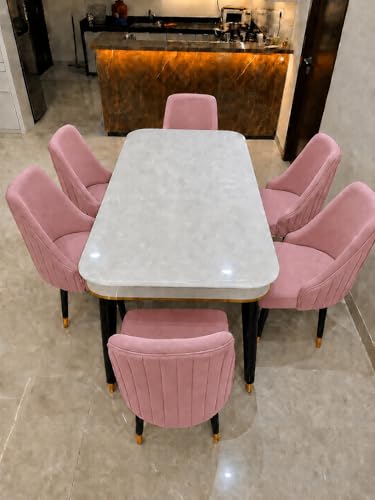 Image of WOODEN SPACE 6-Seater Wooden Dining Table Set | Nano Composite Marble Top | Solid Wood Base | Modern Dining Room Furniture with 6 Chairs (Pink Infinity Backline)
