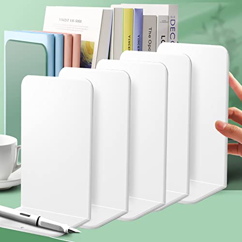 Wolpin Metal Bookends Stand for Office Home, Desk, Shelf Brackets - 2 Per Pack (White)