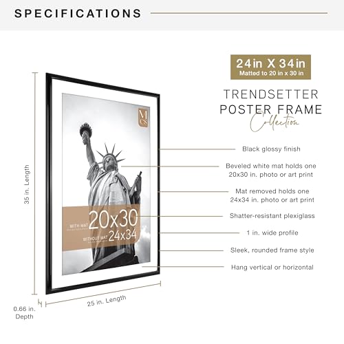 Image of MCS Trendsetter Poster Frame With Mat Option, 24x34 Matted to 20x30, Black | Trendsetter Poster Frame For Photos, 24x34 Inch, Displays 20x30 Inch Matted Or 24x34 Unmatted, Black, 1-Pack