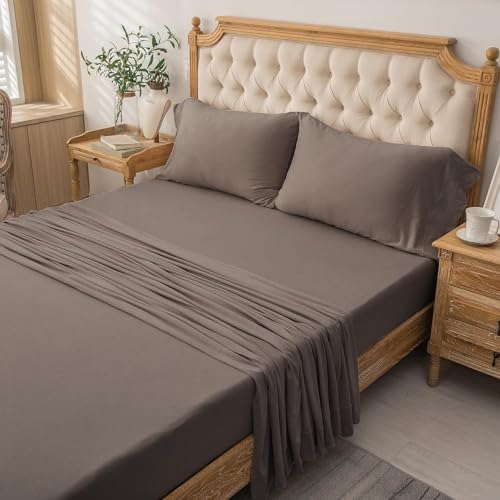 PURE ERA Jersey Knit 4pc Bed Sheet Set 100% T-Shirt Cotton Super Soft Comfy Breathable Fits Mattress Up to 20" Extra Deep Pocket (Solid Brown, Full)