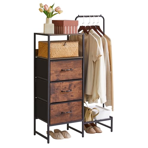 Aibiju Cómoda para Dormitorio con 3 Cajones de Tela, Cómoda de Tela con Estante, Perchero con Zapatero y Estantes para Dormitorio, Salón, Recibidor y Oficina, Marrón Rústico YD-TM081H