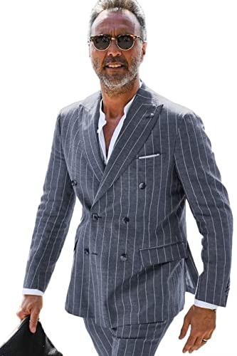 HZUOU Mens Suits 2 Piece Pinstripe Linen Wedding Tuxedos Double Breasted Formal Business Coat Pant Sets HZH18