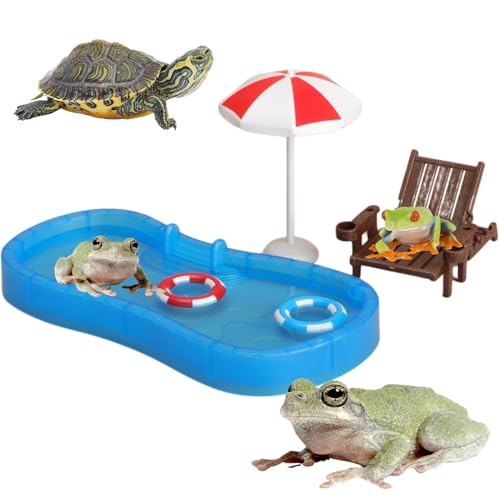 Image of Tree Frog Tank Accessories - Novelty Pool Theme Set Turtle Habitat Decoration Reptile Water Food Bowl for Amphibian Aquatic Frog Toad Lizard Leopard Gecko Hermit Crabs Snake Spider Scorpion (Pool Set)