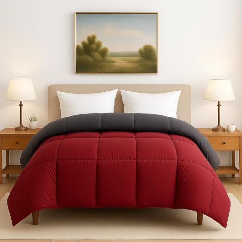 Image of Bed Comforter - Single Size - Elegant Dark Grey & Burgundy - 300 GSM Quilt Blanket Rajai - Winter Warm Down Alternative Duvet Insert with Corner Ties