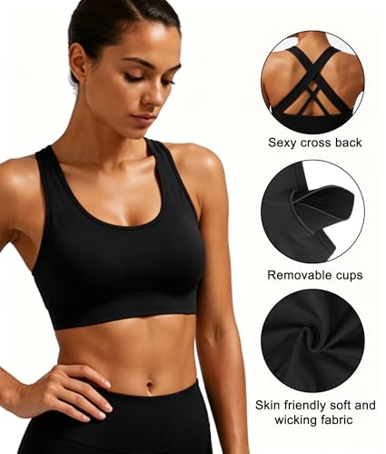 Image of Double Couple Sports Bras for Women Padded High Impact Seamless Criss Cross Back Workout Tops Gym Activewear Bra Large