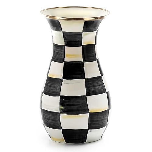 MACKENZIE-CHILDS Tall Enamel Vase, Unique Flower Vase, Decorative Table Decor for Living Room, Black-and-White Courtly Check