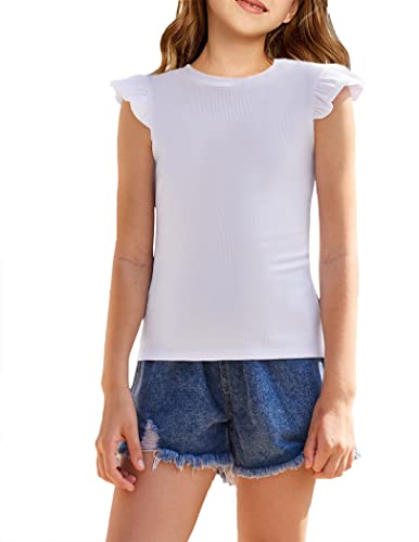 Girls T Shirts Ruffle Sleeve Summer Casual Ribbed Knit Crewneck Tee Tops Blouses