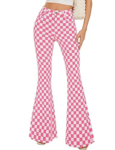 Odefou for Womens Checkered Pants High Waisted Flare Jeans Plaid Stretchy Bell Bottoms(Pink White Plaid 6)