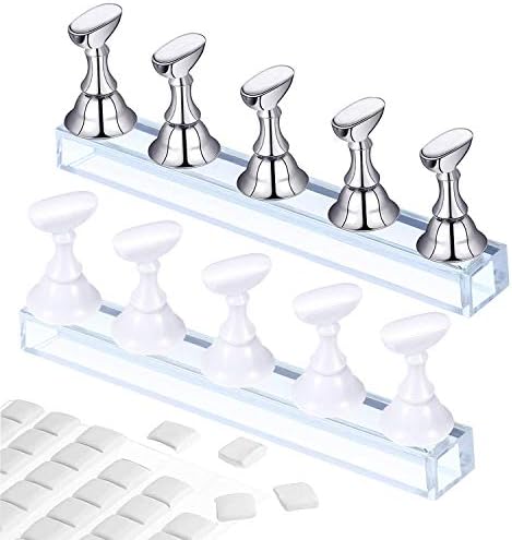 2 Set Acrylic Nail Practice Stand Magnetic Nail Tip Art Display Stand Holder Manicure Tool with Reusable Adhesive Putty Clay for Home Salon Makeup (White and Silver)
