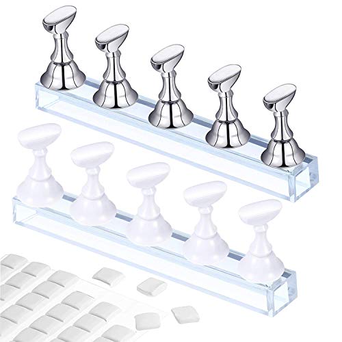2 Set Acrylic Nail Practice Stand Magnetic Nail Tip Art Display Stand Holder Manicure Tool With Reusable Adhesive Putty Clay For Home Salon Makeup (White And Silver) #TOP3