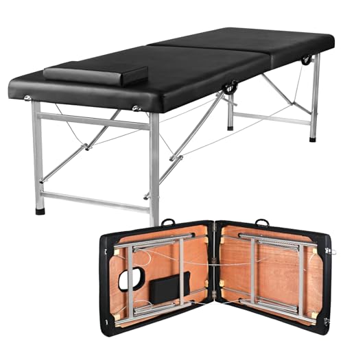 Portable Folding Massage Table – 2-Section Lightweight Salon & Spa Bed for Tattoo, Facials, Massage Therapy – Foldable Beauty Table for Home & Professional Use (Black)