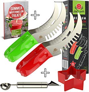 BEST WATERMELON SLICER As Seen On Tv, Melon Tongs Corer Server & Cake Cutter, Thickest Cutting Wire, Comfort Grip Handle, FREE Fun Star Shape Cutter & Bonus Ebook (Green and Red (2-Pack))