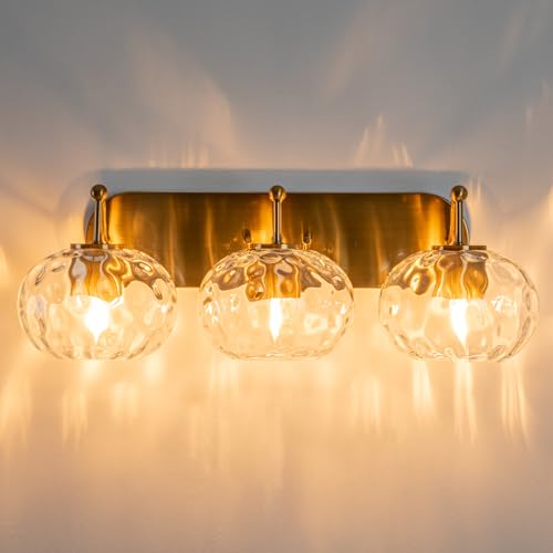 Image of 23 inch Gold Vanity Light Clear Hammered Glass Wall Sconce 3-Light Brushed Brass Wall Lamp for Hallway Living Room Stairwell Bathroom Over Mirror