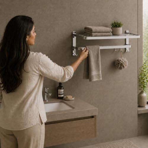 Image of GRIVAN Stainless Steel 24-Inch Folding Towel Rack with Hooks | Bathroom Shelf, Cloth Hanger, Stand for Wall - Towel Holder in Bathroom (Silver Chrome Finish)